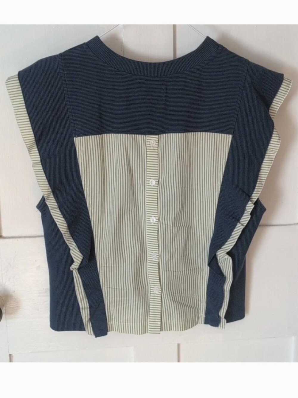 Anthropologie Mixed Media Ruffle Ribbed Striped Button Back Top Blue - Picture 3 of 5